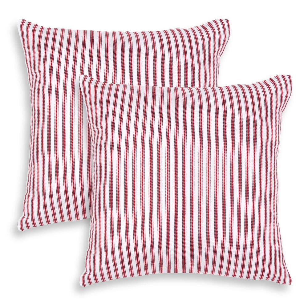 9558 Red and White Ticking Stripe Woven Cotton Decorative Square Throw